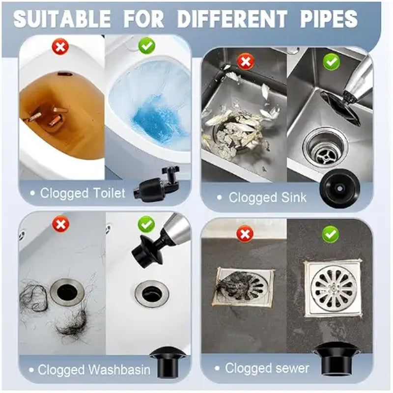 High Pressure Toilet Plunge, Toilet Plunger Drain Clog Remover, Multi-Drain Unclogger for Toilets, Bathroom, Sink, Kitchen Clogs, Stainless Steel Design with Real-Time Pressure Gauge