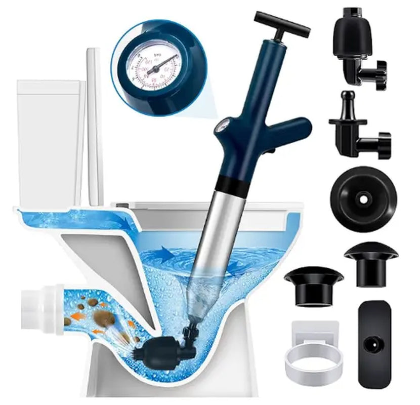 High Pressure Toilet Plunge, Toilet Plunger Drain Clog Remover, Multi-Drain Unclogger for Toilets, Bathroom, Sink, Kitchen Clogs, Stainless Steel Design with Real-Time Pressure Gauge