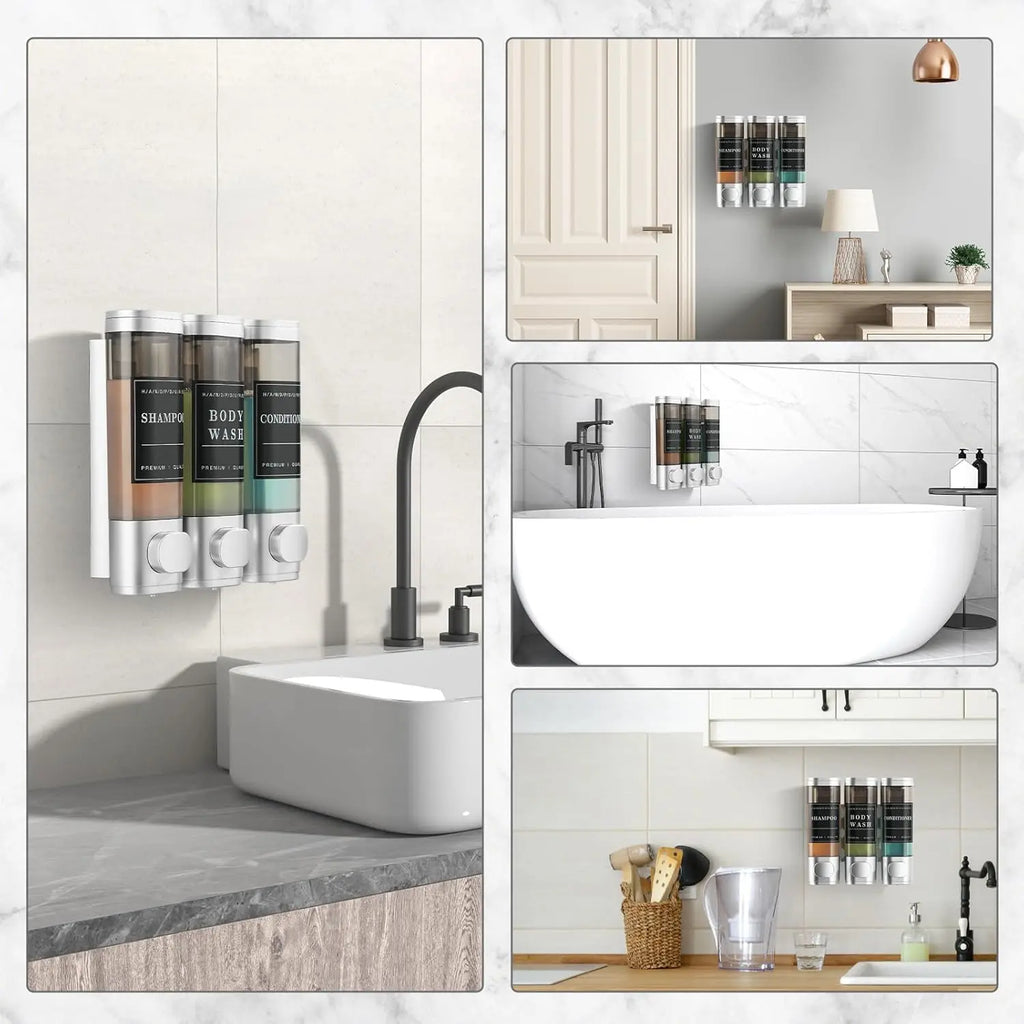Zoronk Shower Soap Dispenser Wall Mounted No Drill Shampoo Dispenser for Shower Wall Shampoo and Conditioner Dispenser Bathroom Hotel 3 * 300Ml Sliver with Labels