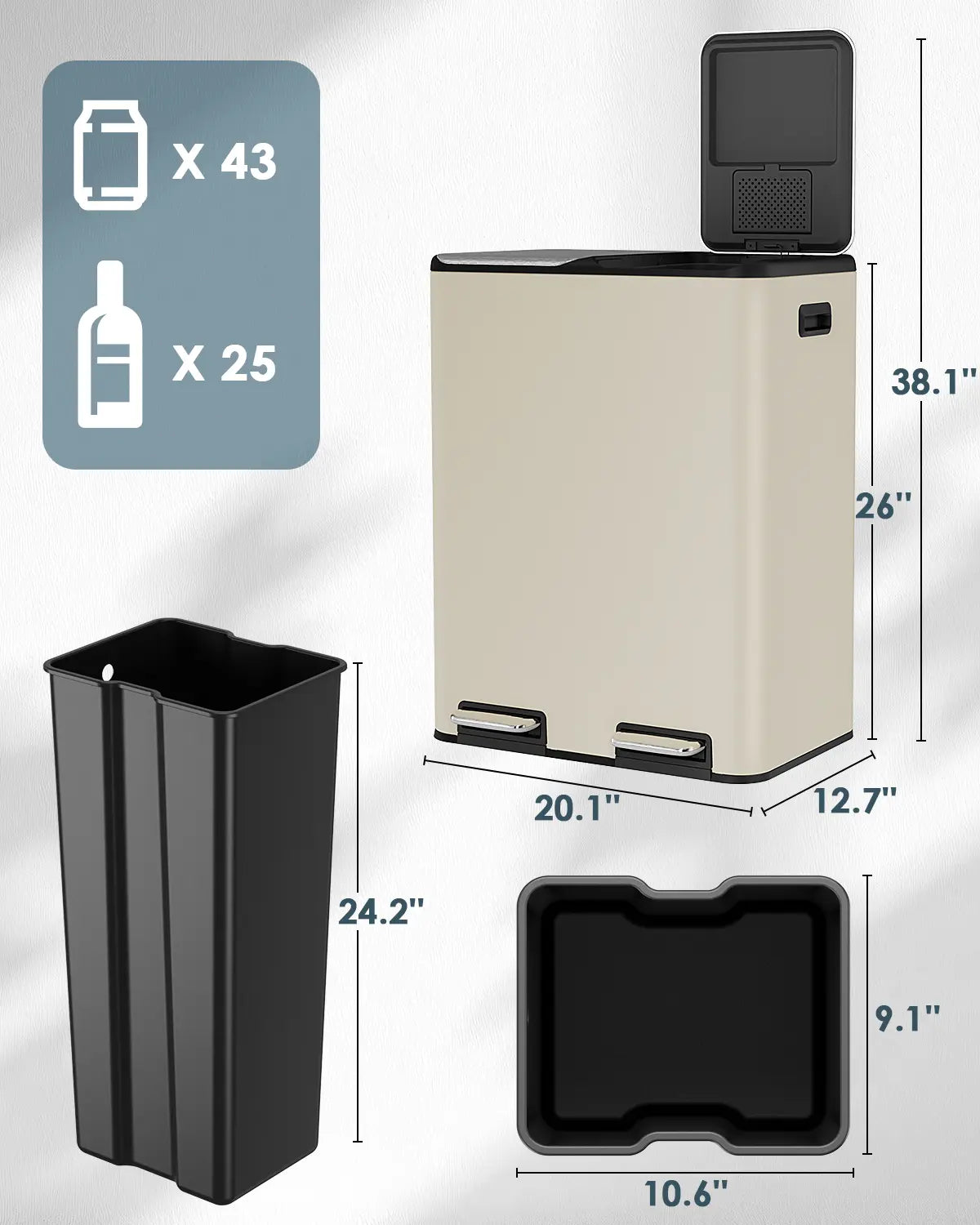 Arlopu 16 Gallon (60L) Stainless Steel Trash Can, 2X8 Gallon (2X30 L) Double Garbage Can with Soft-Close Lid, Removable Inner Buckets, Foot Pedal, Side Handle for Kitchen Home Office Summervibes