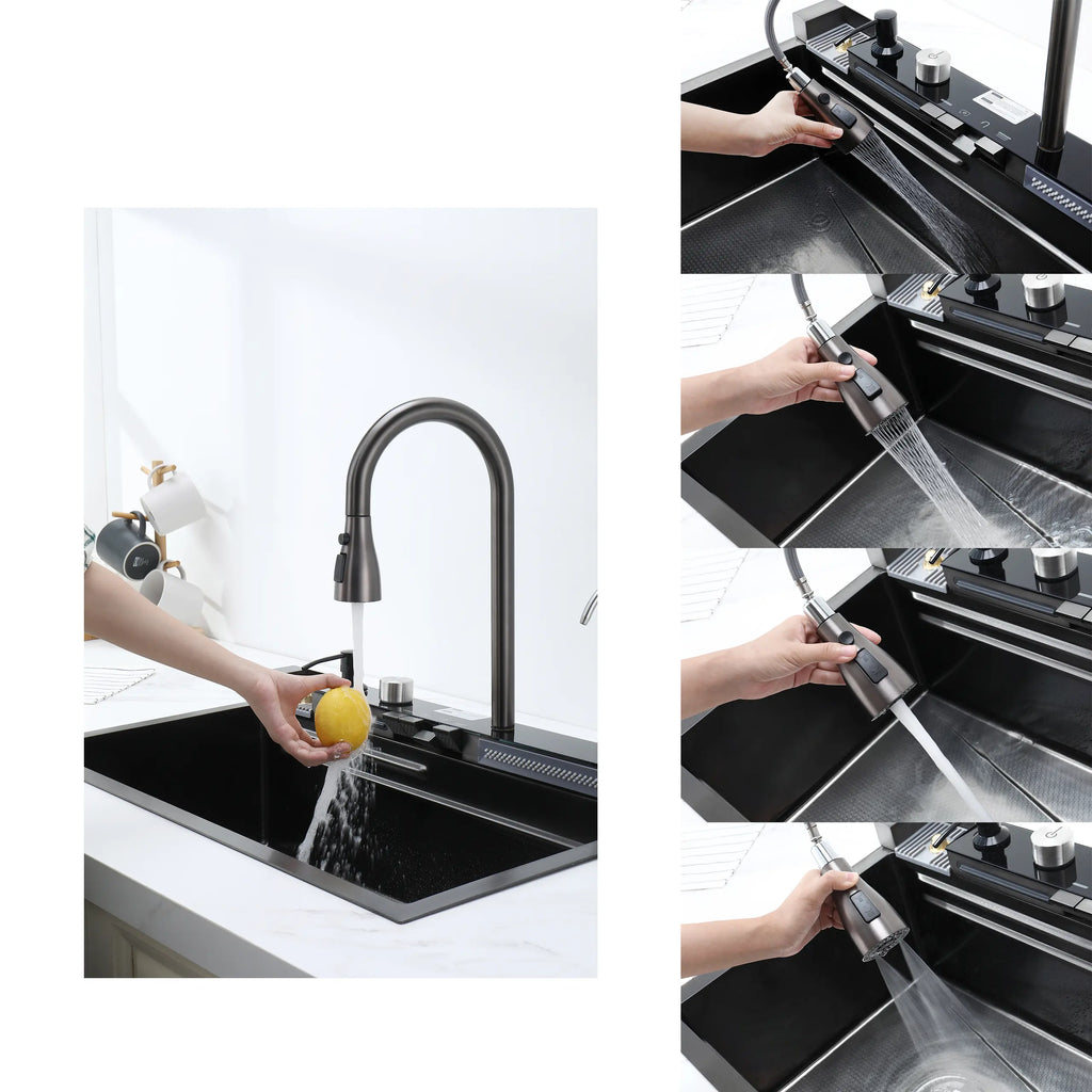 30 Inch Smart Kitchen Sink with Digital Display, Water Powered Piano Key Control, 3 Water Modes Pull Out Faucet, Honeycomb Coating, Workstation Sink with Cup Washer Compatible with US Garbage Disposal