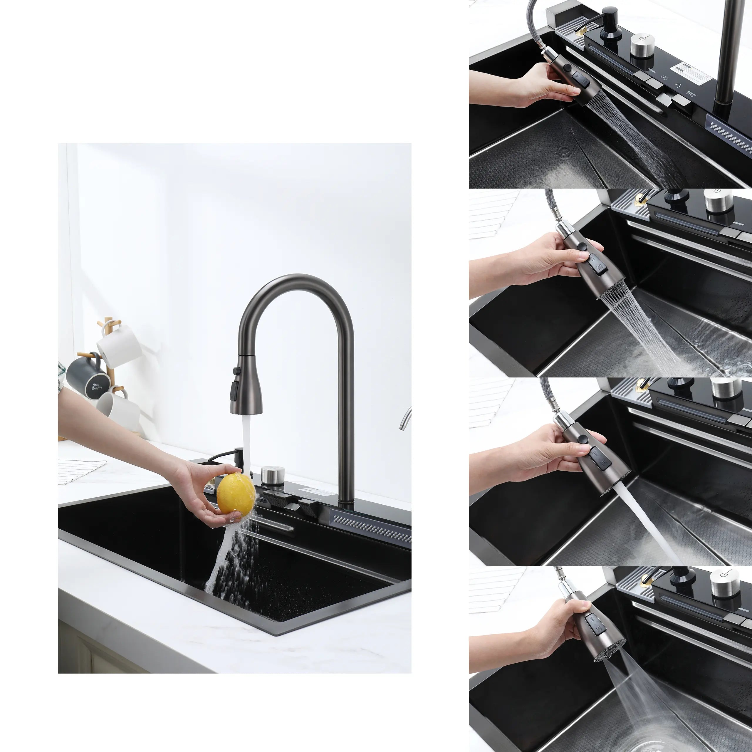 30 Inch Smart Kitchen Sink with Digital Display, Water Powered Piano Key Control, 3 Water Modes Pull Out Faucet, Honeycomb Coating, Workstation Sink with Cup Washer Compatible with US Garbage Disposal
