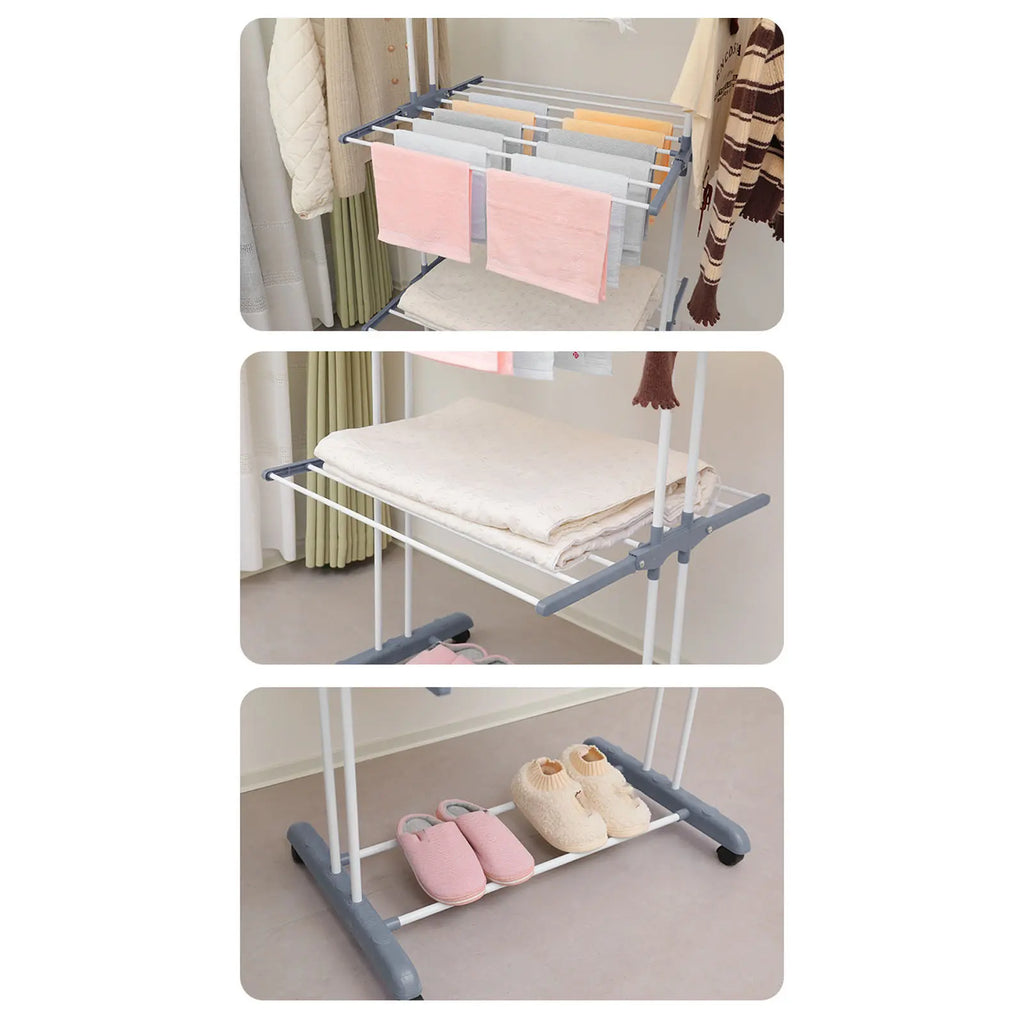 Oversized 4 Tier Clothes Drying Rack 66.93In High Foldable Stainless Steel Laundry Drying Rack with 4 Castors 24 Pillars 14 Hooks for Bed Linen Rolling Organizer
