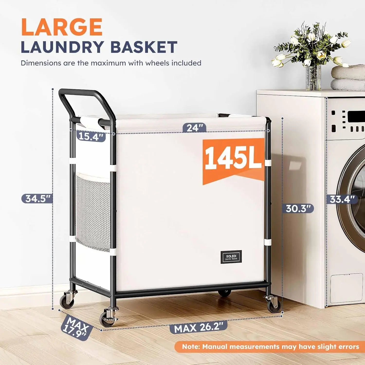 SOLEDI 38-Gallon (145L) Two-Section Laundry Basket with Wheels, Sturdy Metal Frame and Handle, Rolling Laundry Cart for Bedroom Aesthetics, Easy Assembly, Ivory